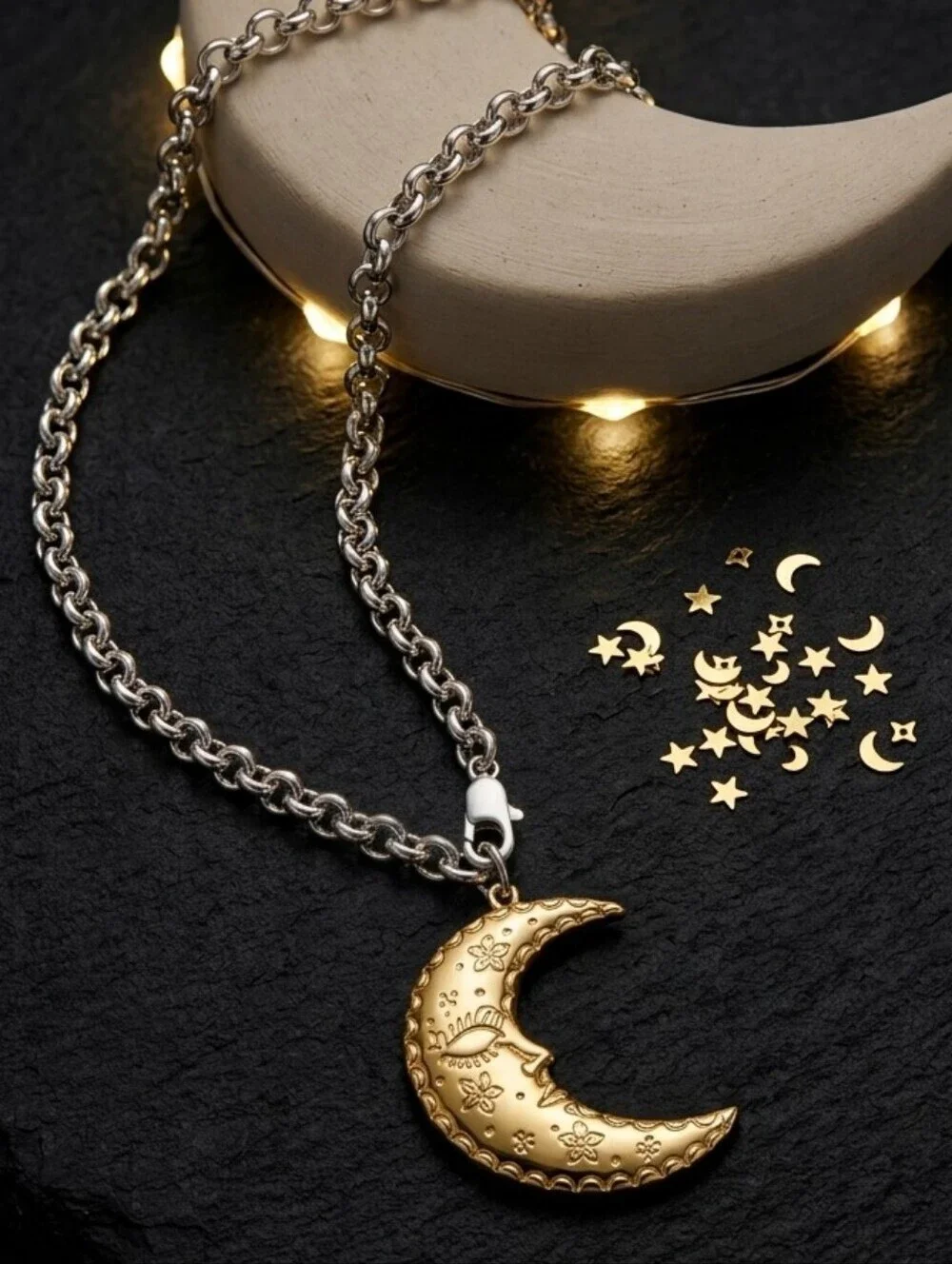 Crescent Moon Pendant Necklace 18K Gold Silver SS Two-Tone Celestial Witchy 18